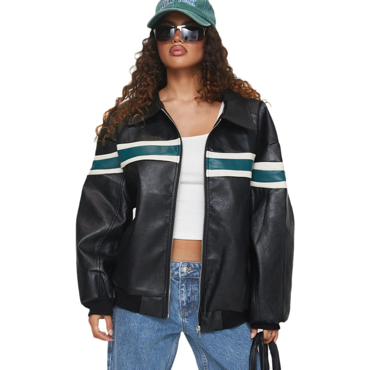 Damen modische Kunstlederjacke mit sportlichem Streifen-Design und lässigem Schnitt Drune