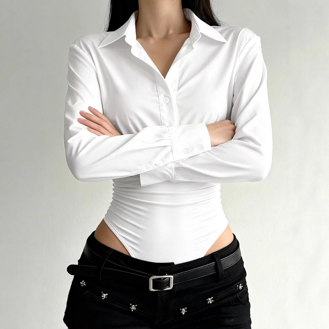 Damen eleganter Bodysuit mit feinem Kragen und Knopfdetails Drune
