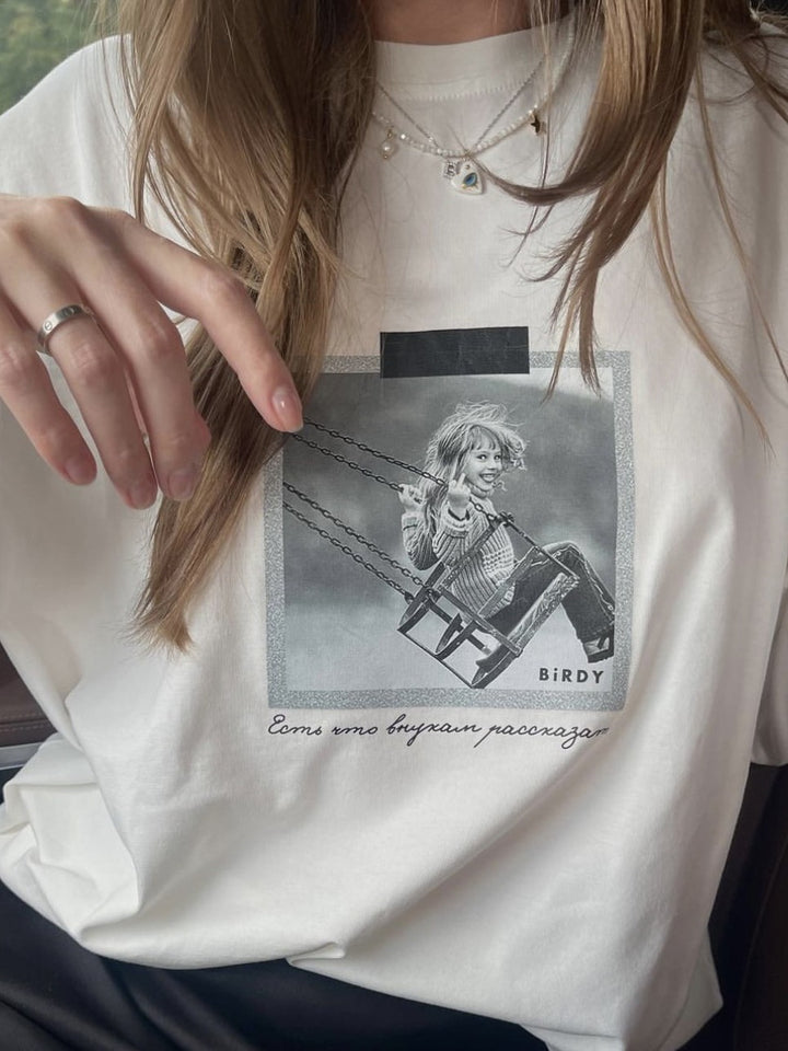 Damen Elegantes Oversized-T-Shirt mit grafischem Print und langen Ärmeln Drune