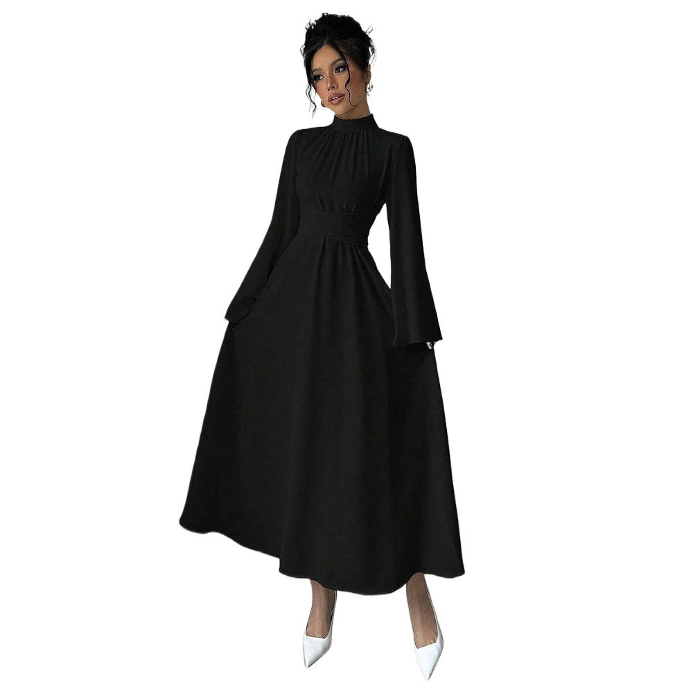 Damen Elegantes Maxikleid mit schwingenden Ärmeln und Hohem Kragen Drune
