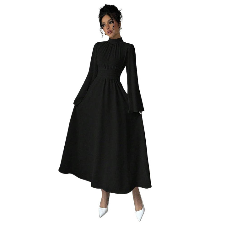 Damen Elegantes Maxikleid mit schwingenden Ärmeln und Hohem Kragen Drune