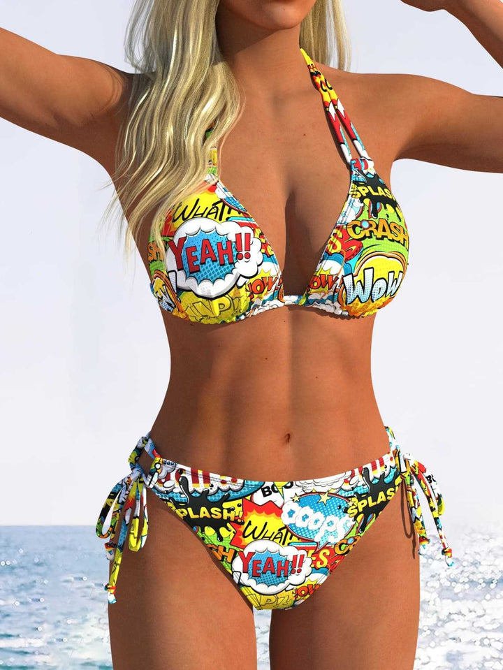 Damen Triangel-Bikini mit verstellbaren Bindebändern und modischem Wellenmuster Drune