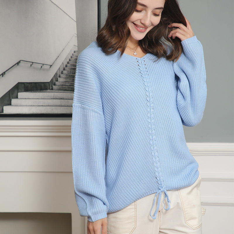 Damen Grobstrick Pullover mit attraktivem V-Ausschnitt und praktischen Kordeldetails Drune
