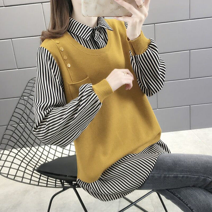 Damen Layered Pullover mit gestreiftem Hemdbluseneinsatz Drune