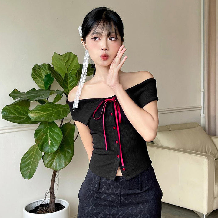 Damen Off-Shoulder Bluse mit Kontrastknöpfen und Taillenband Drune