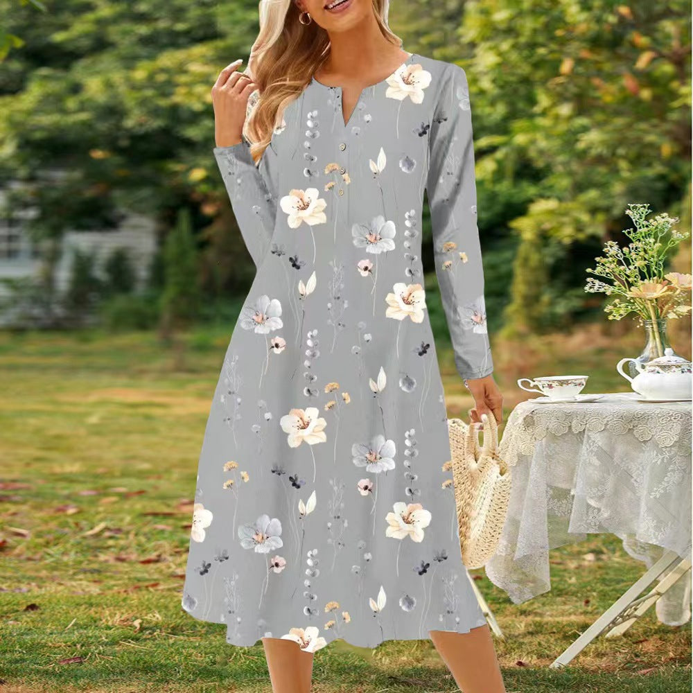 Damen Langarm Kleid mit floralem Design und durchgehender Knopfleiste Drune