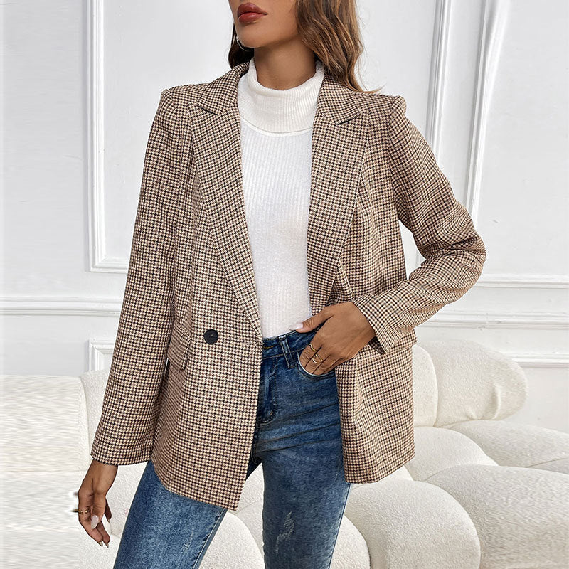Damen kariertes Oversized Blazerjackett mit doppelter Knopfleiste Drune