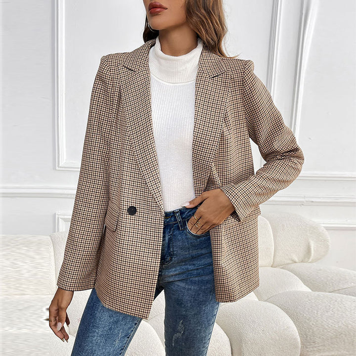 Damen kariertes Oversized Blazerjackett mit doppelter Knopfleiste Drune