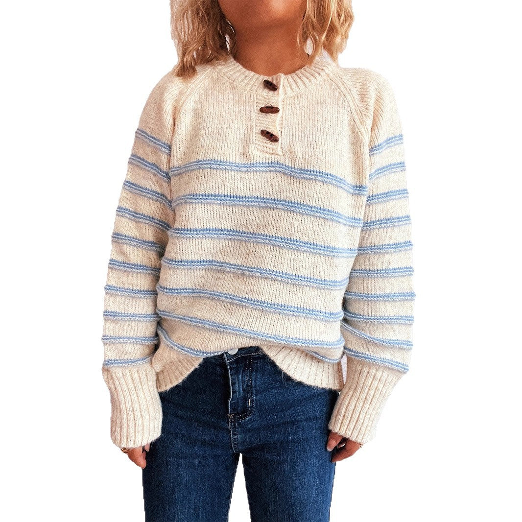 Damen gemusterter Strickpullover mit Knopfdetails und weitem Hals Drune