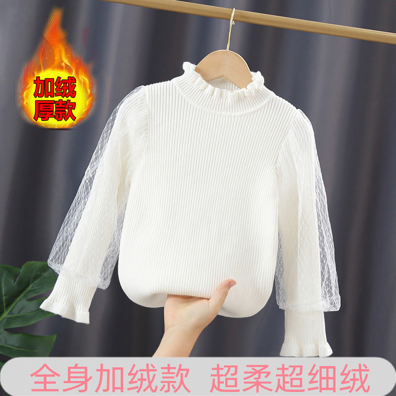 Mädchen elegantes Pullover mit transparenter Spitzenärmel Drune