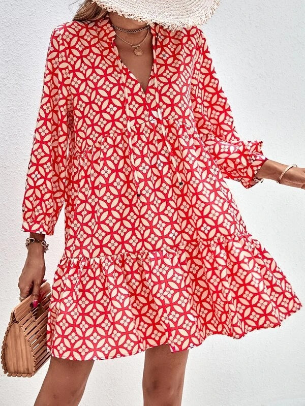 Damen Boho-Style Sommerkleid mit fließendem Schnitt und Rüschendetails Drune