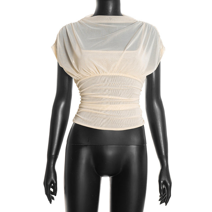 Damen elegantes Oberteil mit modischen Raffungen und transparentem Stoff Drune