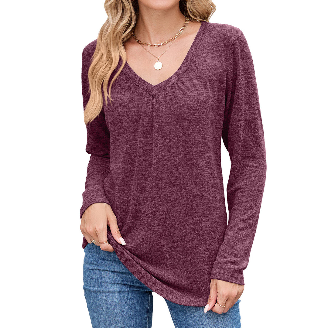 Damen lässiges Langarmshirt mit V-Ausschnitt und Falten Detail Drune