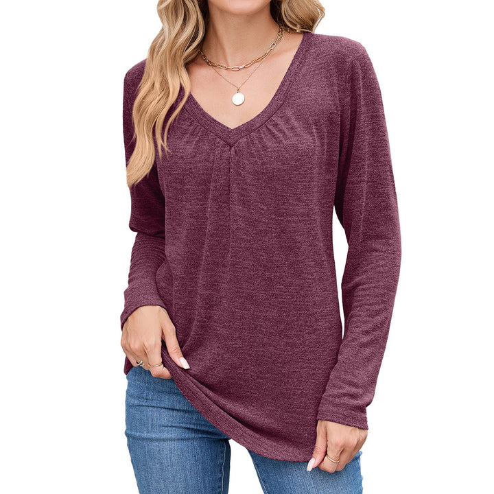 Damen lässiges Langarmshirt mit V-Ausschnitt und Falten Detail Drune