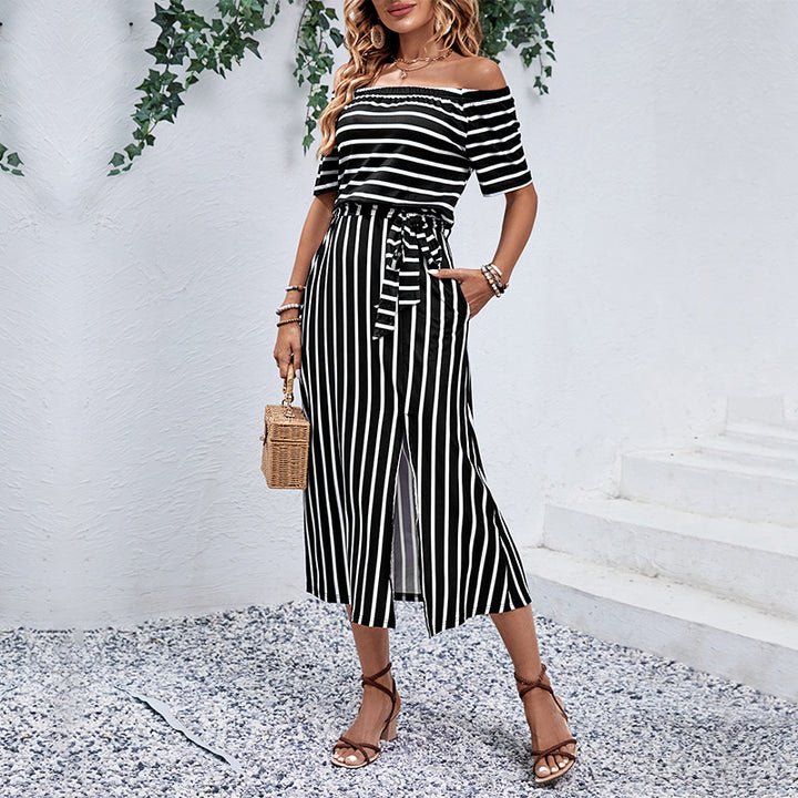 Damen Maxikleid mit schickem Off-Shoulder-Design und gestreiftem Muster Drune