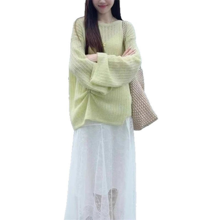 Damen Grobstrickpullover mit weitem Schnitt und modischen Ballonärmeln Drune