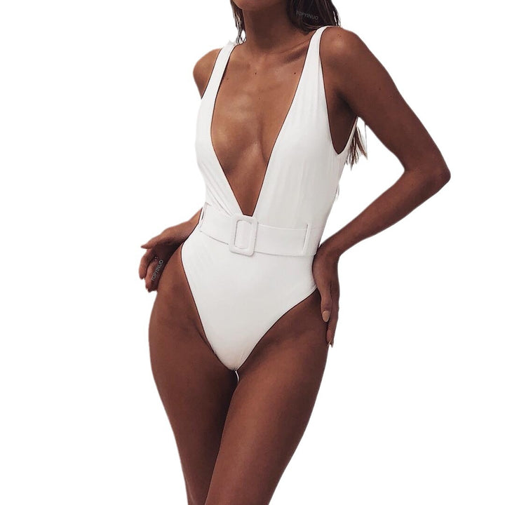 Damen Einteiliger Badeanzug mit glamourösem V-Ausschnitt und stylischer Gürteldetail Drune
