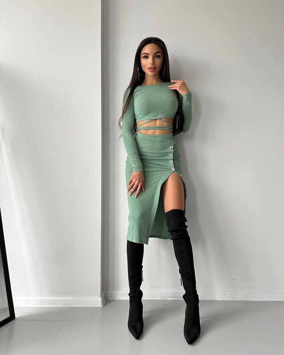 Damen cropped Oberteil und lange hochtaillierte Rockkombination Drune
