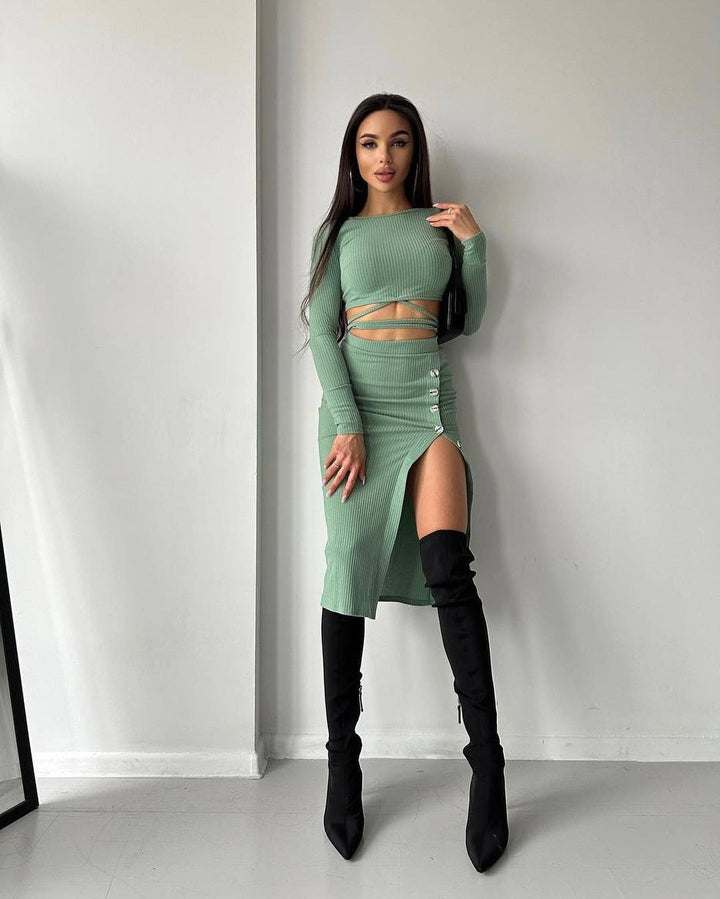 Damen cropped Oberteil und lange hochtaillierte Rockkombination Drune