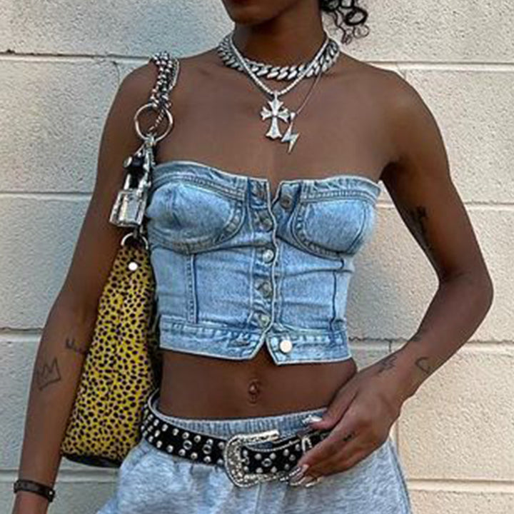 Damen Denim-Crop-Top mit gestricktem Überwurf Drune