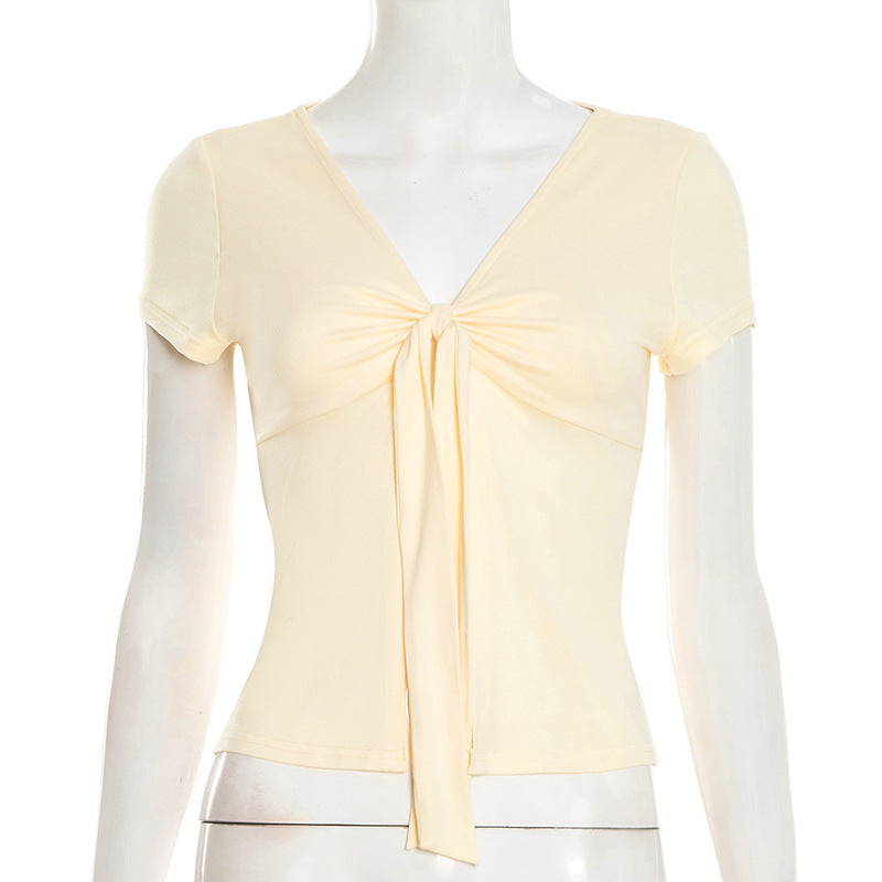 Damen elegantes Wickeloberteil mit dekorativem Knoten und tiefem V-Ausschnitt Drune