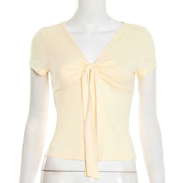 Damen elegantes Wickeloberteil mit dekorativem Knoten und tiefem V-Ausschnitt Drune