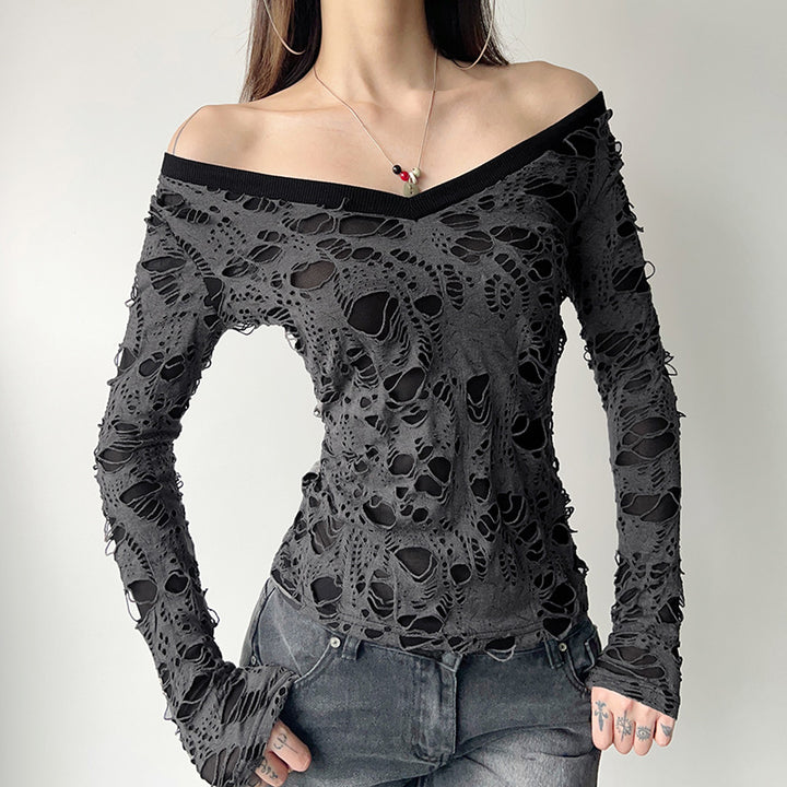 Damen nan transparentes Distressed-Spitzenshirt mit V-Ausschnitt, langärmeligem Layer-Look und innenliegendem Cami Drune