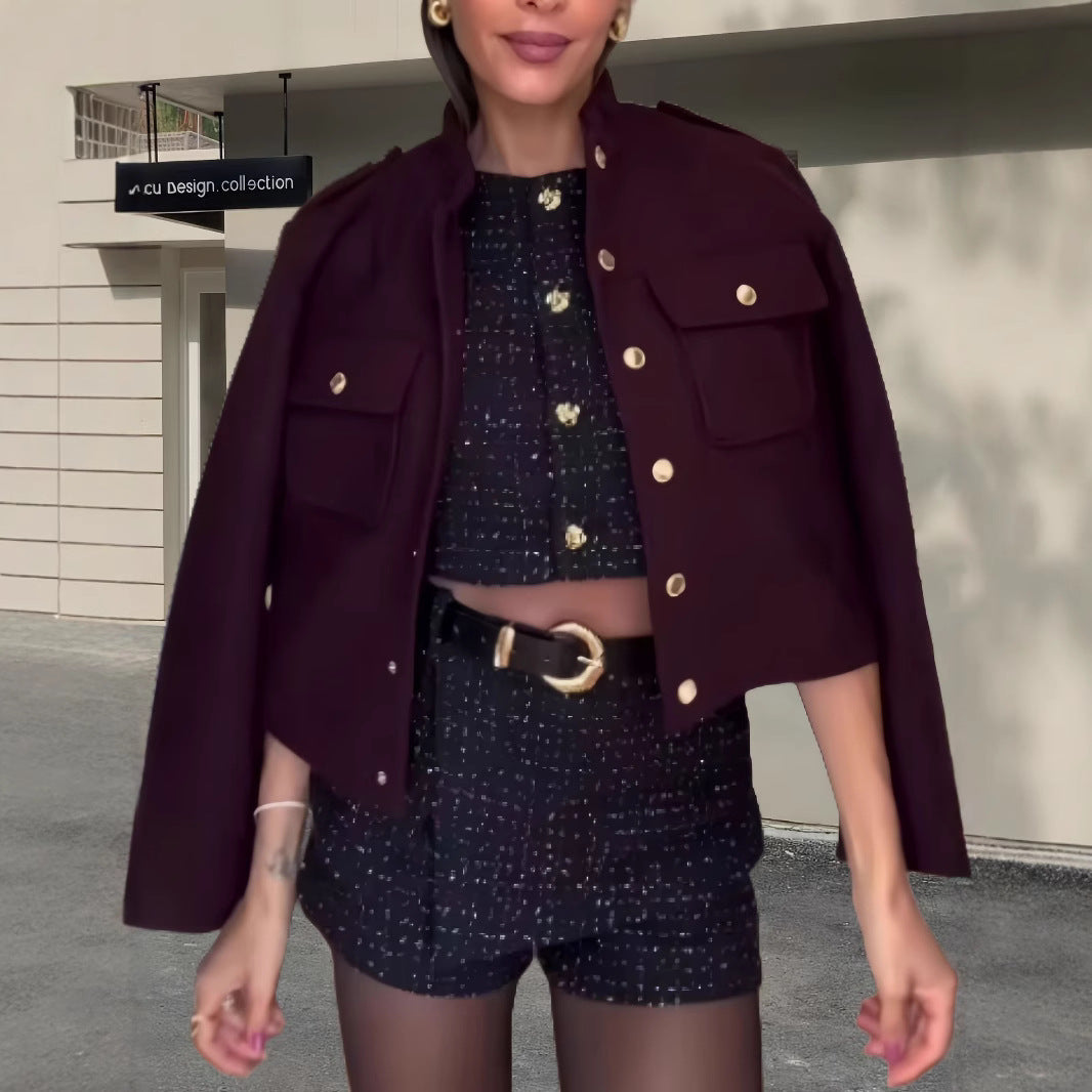 Damen modische Jacke mit praktischen Taschen und Druckknopfverschluss Drune