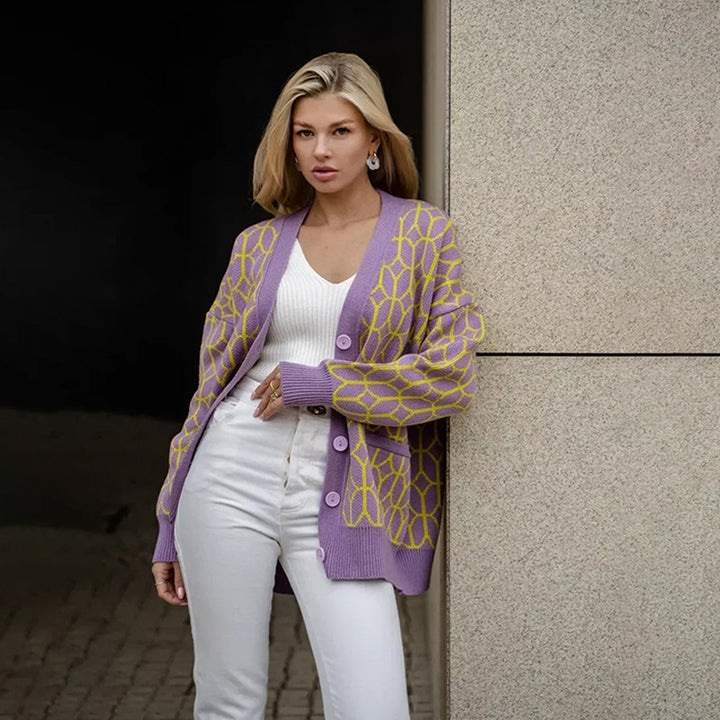 Damen Gemusterter Strickcardigan mit großer Knopfleiste Drune