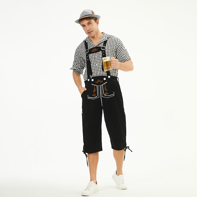 Herren nan knielange Trachtenhose im Vintage-Stil mit verstellbaren Trägern und dekorativer Zierstickerei Drune
