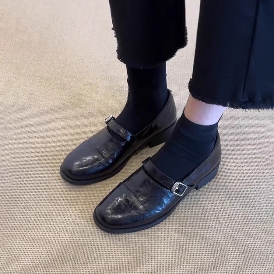 Damen Klassische Leder Mary Jane Schuhe mit verstellbarem Riemen Drune