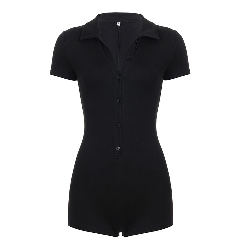 Damen Kurzarm-Jumpsuit mit Knopfleiste und elegantem Polokragen Drune