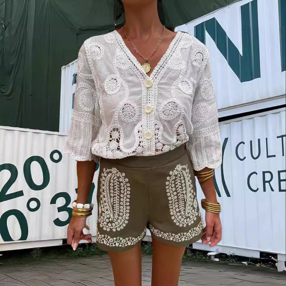Damen Luftige Bluse mit kunstvollen Häkelmustern Drune