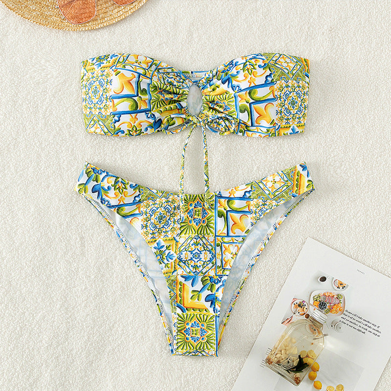 Damen Bandeau-Bikini mit raffiniertem Bindedetail und floralem Druck Drune