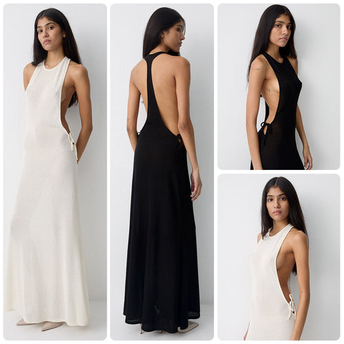 Damen Lange Seidenkleid mit kreativem Ausschnitt und eleganten Schleifendetails Drune