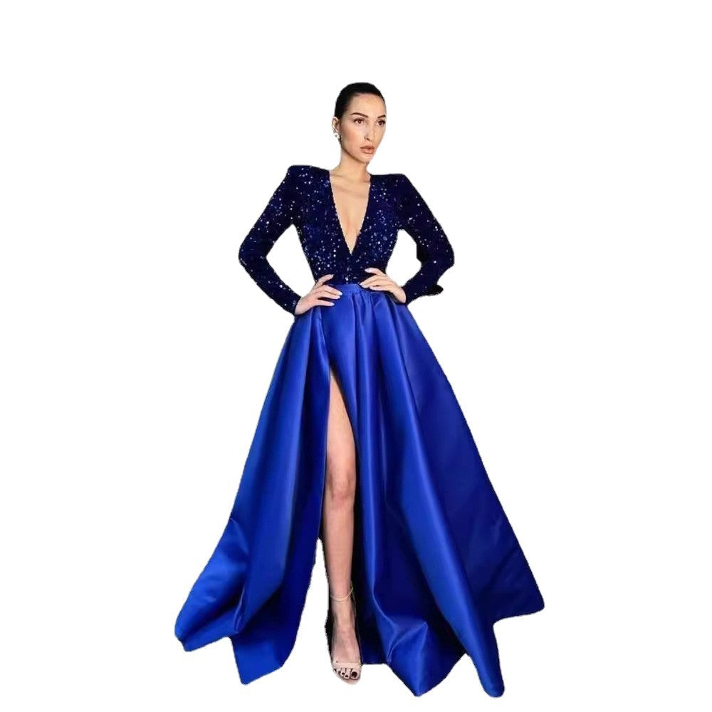 Damen Glamouröses Abendkleid mit tiefem V-Ausschnitt und glitzernden Akzenten Drune