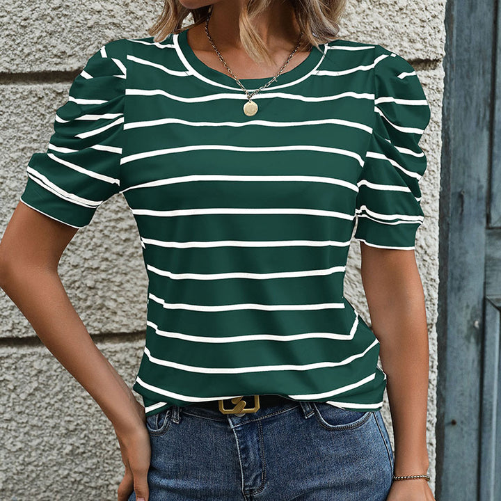 Damen T-Shirt mit dekorativen Puffärmeln und modernem Streifenmuster Drune