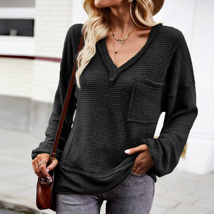 Damen nan Waffelstruktur V‑Neck Pullover mit aufgesetzter Brusttasche und überschnittenen Ärmeln Drune