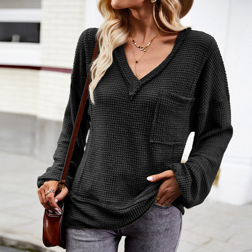 Damen nan Waffelstruktur V‑Neck Pullover mit aufgesetzter Brusttasche und überschnittenen Ärmeln Drune