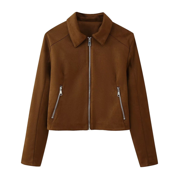 Damen Trendige Kunstlederjacke mit modernen Reißverschlüssen und klassischem Kragen Drune