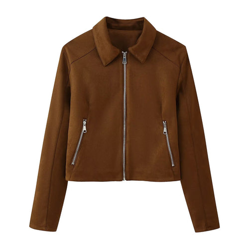Damen Trendige Kunstlederjacke mit modernen Reißverschlüssen und klassischem Kragen Drune