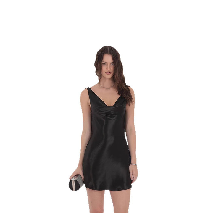 Damen Chiffon Minikleid mit elegantem Wasserfallausschnitt und tiefer Rückenpartie Drune