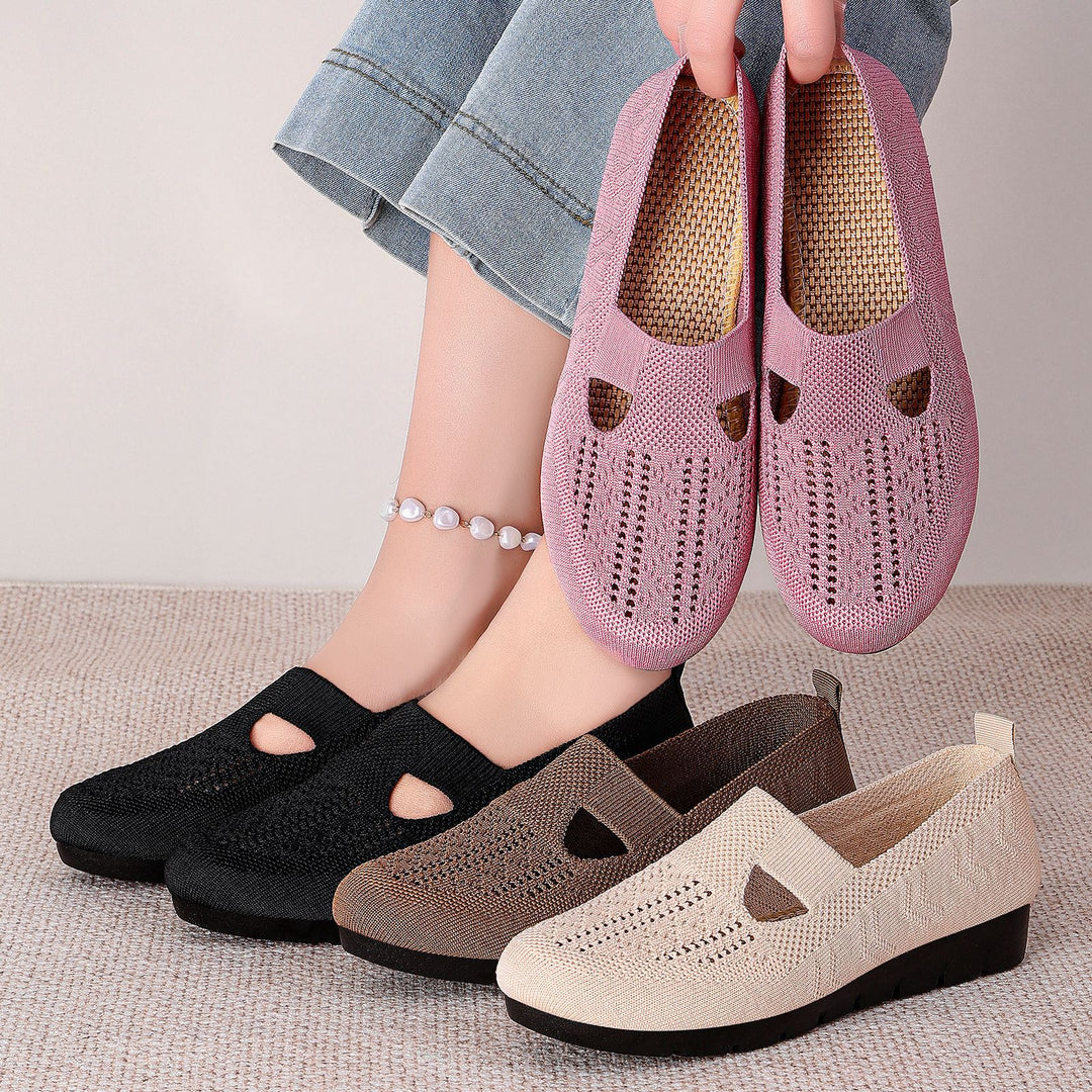 Damen nan gestrickter Slip-On Ballerina-Slipper mit elastischem Mary-Jane-Riemen und gedämpfter Keilsohle Drune