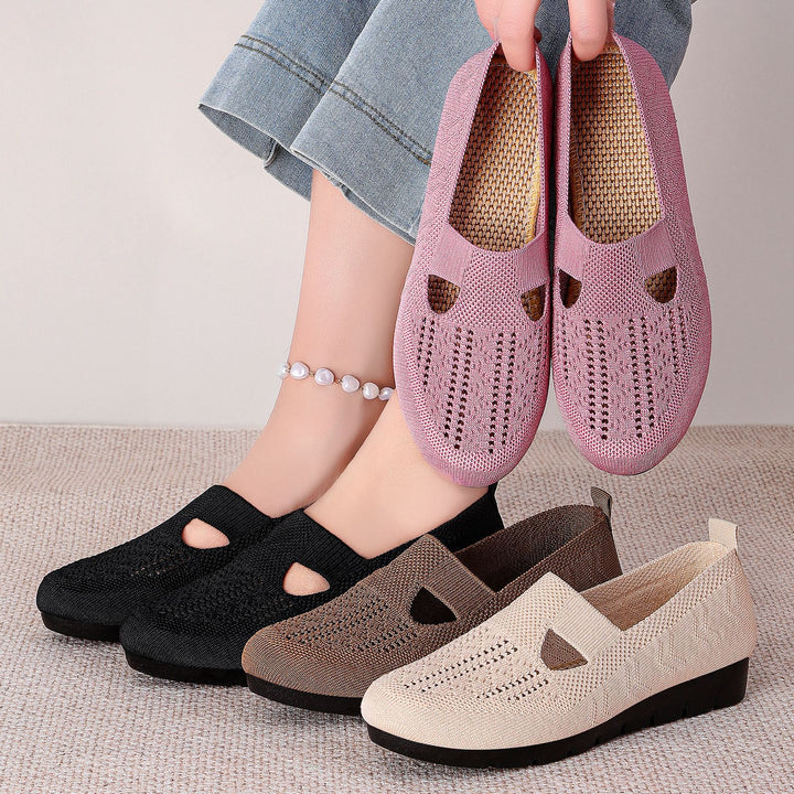 Damen nan gestrickter Slip-On Ballerina-Slipper mit elastischem Mary-Jane-Riemen und gedämpfter Keilsohle Drune