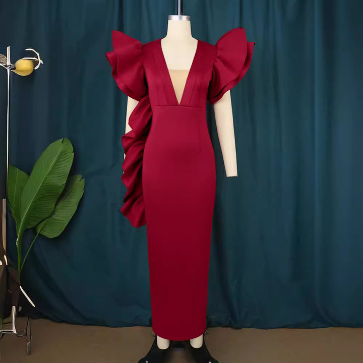Damen figurumspielendes Abendkleid mit voluminösen Rüschenärmeln Drune
