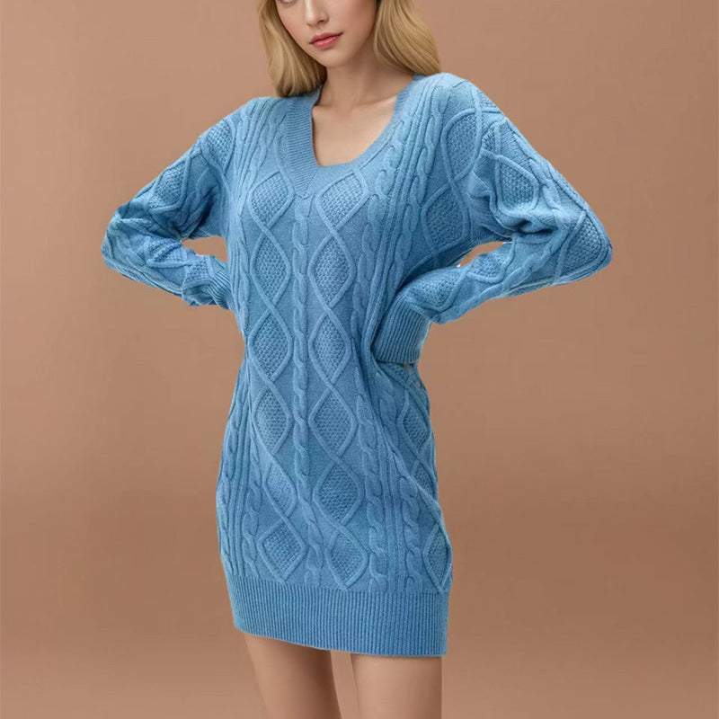 Damen Strickkleid mit tiefem V-Ausschnitt und strukturiertem Design Drune