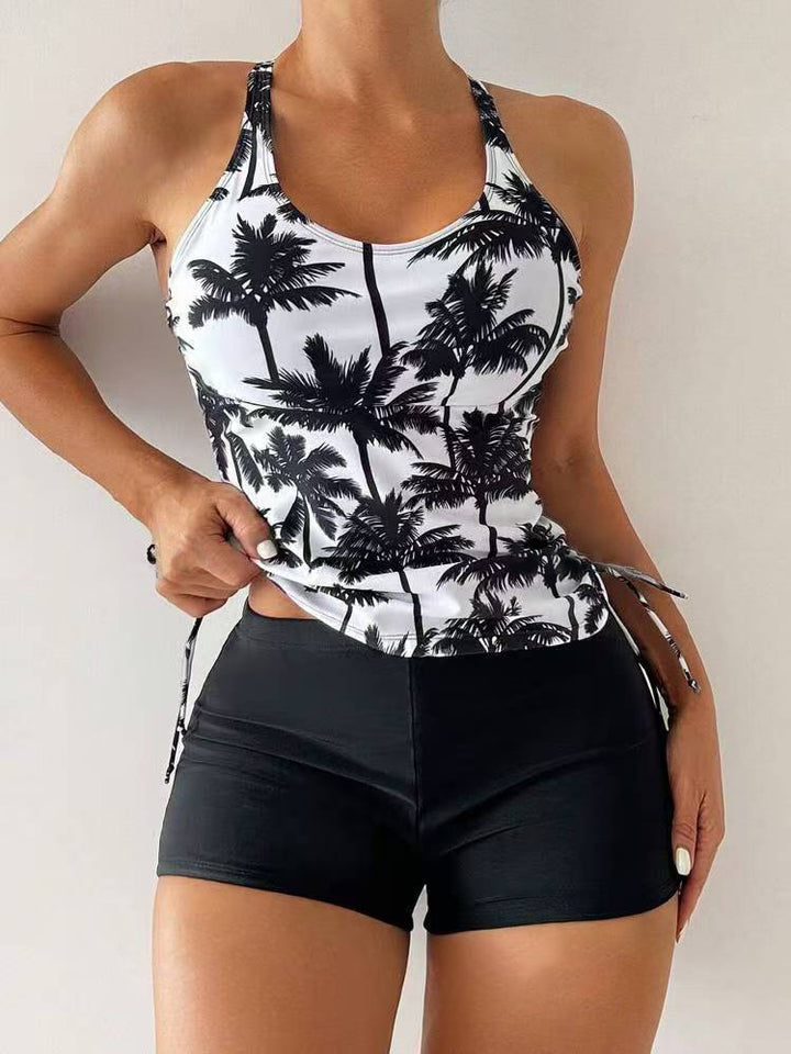Damen Sportliches Tankini-Set mit modischem Palmendruck und hoher Taille Drune