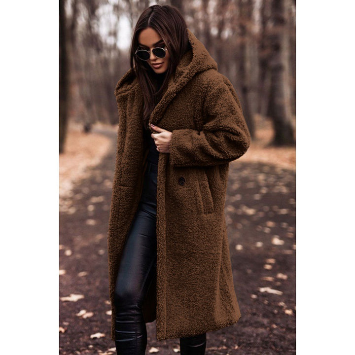 Damen kuscheliger Fleece-Mantel mit Kapuze und praktischen Taschen Drune