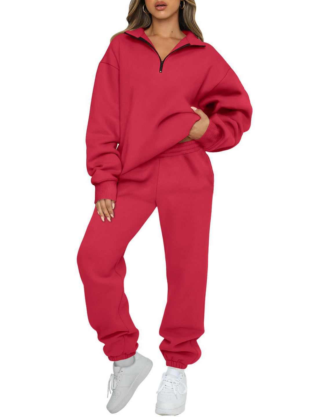 Damen gemütlicher Sweatpants-Set mit modernem Stehkragen und Kängurutasche Drune