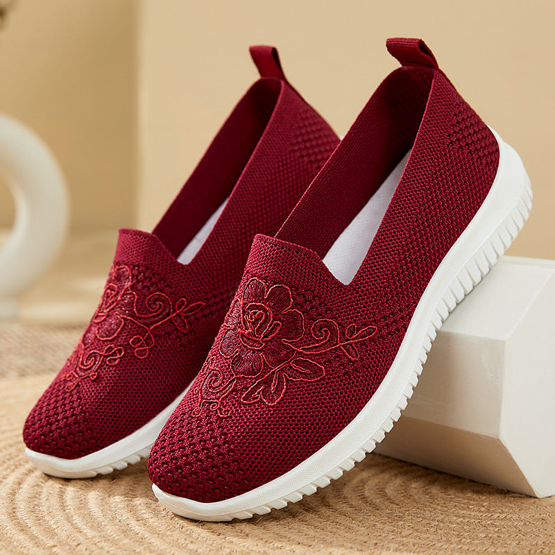 Damen nan eleganter Strick-Slipper mit floraler Stickapplikation, elastischem Einstieg und federleichter EVA-Laufsohle Drune